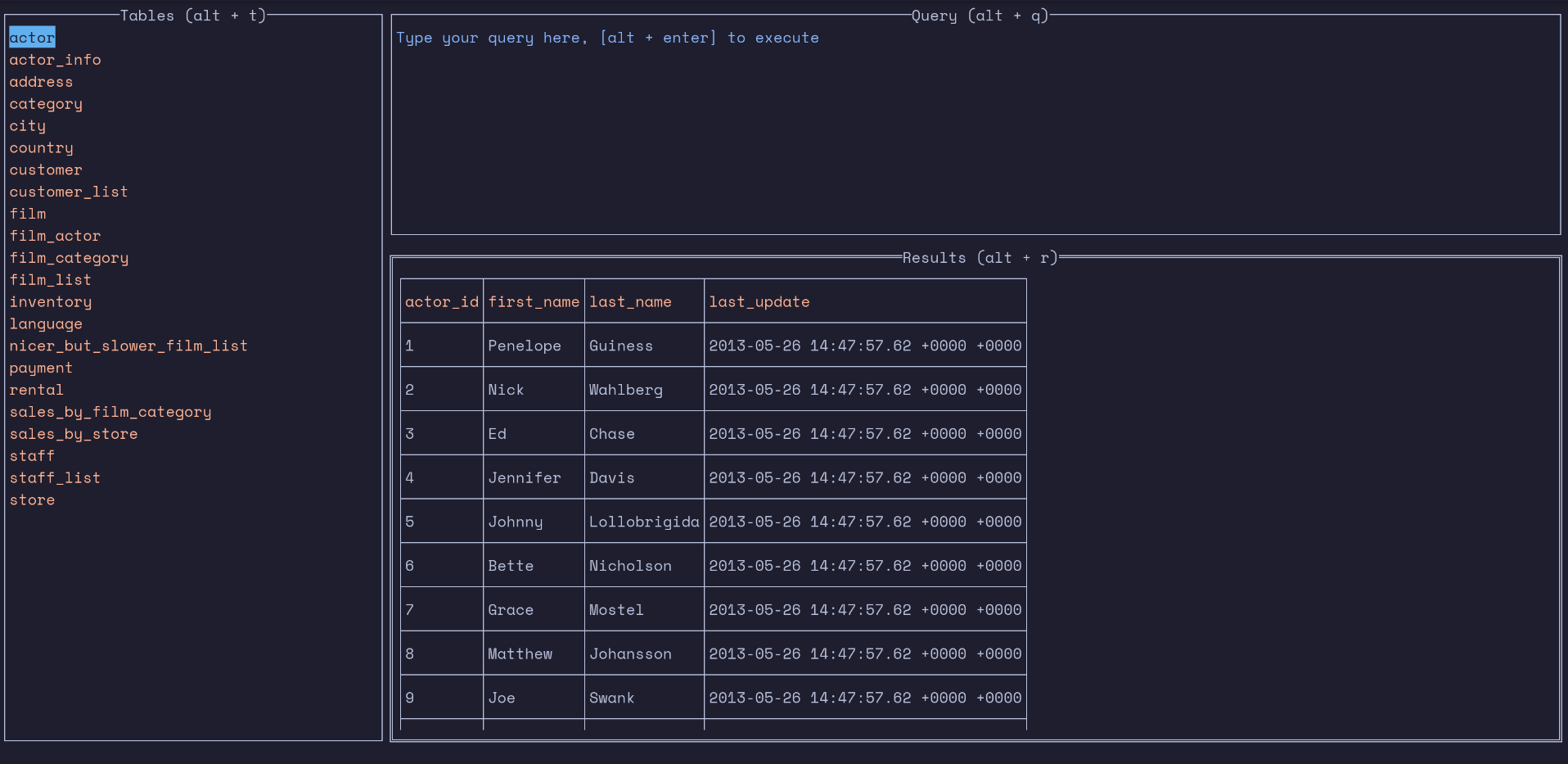 dbterm query workspace showing connections, tables, SQL, and typed query results
